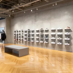 1 8 mm photograph atmospheric, realistic lighting, reflections, large nike boutique flagship retail. concrete walls. oak parquet floor. display tables with shoes and clothes. low ceilings with downlights and spots. white corian and oak furniture. large digital screens on walls. verdant plants