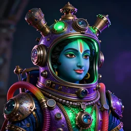 awardwinning portrait photo of a steampunk krishna, wearing a glowing green and purple metallic steampunk astronaut helmet with multicolored tubes and shiny metallic devices, 3 d render, crisp, 8 k, fluorescent colors, insanely integrate, nikon photography