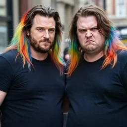 obese henry cavill with rainbow painted long hairs, standing next to very obese angry feminist, real photograph on the street, close up medium double shot