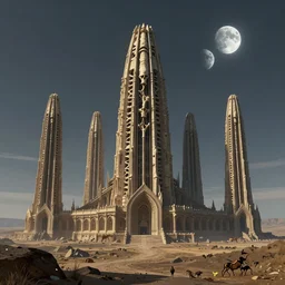 matte painting of mos eisley with towering skeletal temple architecture designed by hr giger, great plains, uninhabited, global illumination, volumetric lighting, three moons in the sky, tom bagshaw, alphonse mucha, masterpiece, weta digital