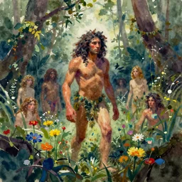 abstract watercolor painting of prehistoric caveman, thick jungle, wild flowers, paint brush strokes, art by hans dahl, jesper ejsing, anders zorn, greg rutkowski, greg manchess, wonderful masterpiece, cinematic light, american romanticism