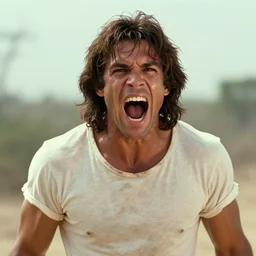 Tarzan wearing t shirt and screaming, film still, potrait, Cinematic scene, Hollywood standard , hd , 8k, focus detailed, best ai image, perfect photo