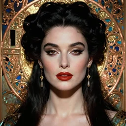 brigitte bardot as vampirella, face centered portrait, artwork by james jean, hyperdetailed realistic smooth polished porcelain, beautiful byzantine queen, jean delville, art nouveau, gustav klimt, ornate copper patina gothic icon, james jean, ultrasharp hyperdetailed photorealistic octane render