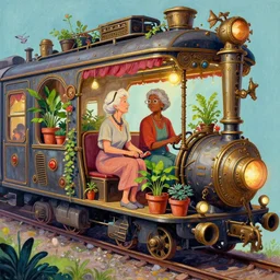elderly lesbian multiracial couple travelling on a steampunk vaporwave train with potted plants. complementary colors, gouache, indie concept art, bloom, chiaroscuro, backlighting, intricate details.