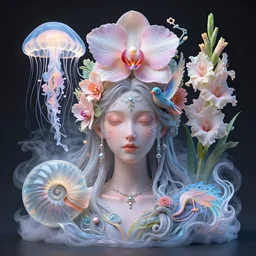 3 d android, face of a beautiful goddess mixed with jellyfish phoenix and bird and giant orchid!! flower and giant gladiola. midsommar style, intricate, elegant, surrounded by smoke and water energy flow. translucent nautilus, highly detailed. octane render, by wlop, tooth wu, greg rutkowski, alena aenami