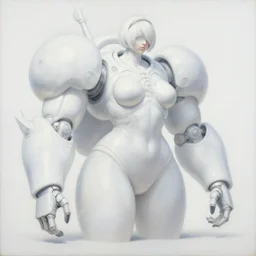 an intricate oil painting of a giant pristine white humanoid curvy feminine figure bubble mech with rounded components by simon stalenhag, inspired by nier : automata, clean white lab background
