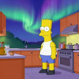 aurora borealis inside a kitchen, in the style of the simpsons