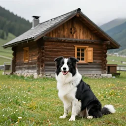 a border collie sat outside a mountain cottage