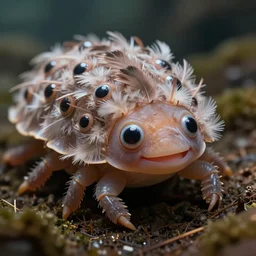 a portrait shot of a beautiful tardigrade!!! smiling!!! covered in feathers, front shot. many!!! of big cute tardigrade eyes!!! tilt shift photography, extreme dof