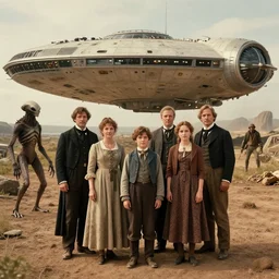 sharp, 70mm still from a sci fi blockbuster color movie made in 2022, set in 1860, of a family standing in front of a spaceship that has just landed on an alien landscape, a humanoid alien creature stands nearby, the family are all wearing 1850s era clothes, 4k, in focus, extremely good quality lighting, good quality photography, A list cast, famous actors, famous actresses, oscar winner