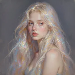 a painting of a woman with long hair, a digital painting by nina tryggvadottir, pixiv contest winner, fantasy art, glitter, soft light, iridescent