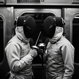fencers wearing fencing mask in subway, ominous lighting, richard avedon, tri - x pan