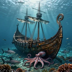 vintage viking shipwreck surrounded by sharks and octopus, photorealistic, ultra-detailed, 4k high resolution, HDR shot, cinematic lighting