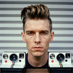 Colorized Stylistic Portrait of Andy Warhol with shutter shades and a high top fade pompadour fade short hairstyle, taken in the 1970s, photo taken on a 1970s polaroid camera, grainy, real life, hyperrealistic, ultra realistic, realistic, highly detailed, epic, HD quality, 8k resolution, body and headshot, film still, front facing, front view, headshot and bodyshot, detailed face, very detailed face