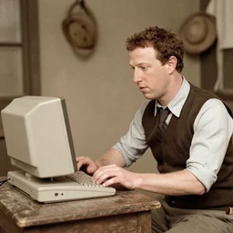 vintage 20s photograph of mark zuckerberg with first computer on wild west