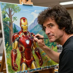 a closeup photorealistic photograph of bob ross at his studio. bob is working on a canvas painting of iron man. happy trees and mountain scape. film still, vibrant colors. this 4 k hd image is trending on artstation, featured on behance, well - rendered, extra crisp, features intricate detail, epic composition and the style of unreal engine.
