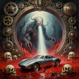 portrait study, a realistic painting of a lovecraft cthulhu creature inside a singular portal hell gate, shining its light across a tumultuous sea of red fluids and skulls by zdzisław beksinski and h. r. giger, ornate, portrait composition, mechanical, gears, tesla car design, volumetric lighting, hyper realistic, extremely detailed, elegant