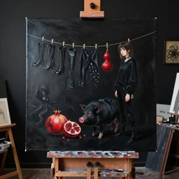 painting of a black painted canvas, on an easel in a dark artist's studio with black walls, tall emo artist girl, black clothes hanging on a line to dry, 6 black boots, pomegranate, a black pig, red gourd, black octopus, oil on canvas