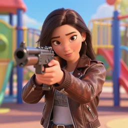 stunning!!! young adult woman disney character in a leather jacket in a kids playground pointing an automatic rifle at the lens, disney pixar movie still, high detail, ray tracing, trending on artstation, 4 k, ultra hd, blu ray