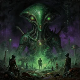 a wide open science fiction landscape of retrofuturistic alien black lovecraftian technology with glowing eyes gazing intensely, surrounded by deep green and purple foggy black background. renaissance portrait painting. highly detailed science fiction painting by norman rockwell, frank frazetta, and syd mead. rich colors, high contrast, gloomy atmosphere, dark background. trending on artstation.