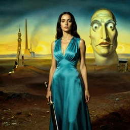 a female warrior in a turquoise dress, cinematic lighting, establishing shot, salvador dali art