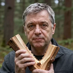 viktor orban in a forest, highly detailed face, holding a wood piece, by skovgaard