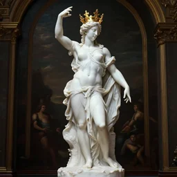 full body photo of very very beautiful marble sculpture of tai warload stand heroic pose with shiny glossy gold crown, bloom lucid dream - like ethereal dark atmosphere, baroque portrait painting, perfect composition, beautiful intricate detailed 3 d octane render trending on artstation, 8 k artistic photography, volumetric cinematic perfect light, chiaroscuro, masterpiece, raphael, caravaggio, rutkowski, beksin