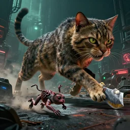 huge 🐈 hunting 🔪, by mark ryden in cyberpunk environment, 4 k ultra high resolution, 🐈 chasing 🐭, horror, long camera shot, tiny 🐭 fleeing ❗