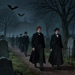 people in victorian - era clothing strolling around people in victorian - era clothing strolling around a graveyard at night, bats flying over tombstones, bare trees, iron railing, gloomy atmosphere, digital illustration, highly detailed, cinematic lighting, perfect composition, 4 k, artem demura