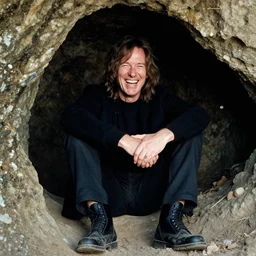 laughing robert wyatt sitting in a cave