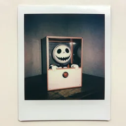 a liminal old polaroid of a creepy jack in the box, photograph, creepypasta