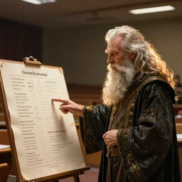 A bearded wizard points at a linguistics chart in front of a lecture hall, by Greg Rutkowski
