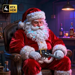 depressed santa claus sitting in his workshop after hours. scotch. revolver. 4 k rtx hdr volume light concept studio matte painting environement digital illustration style artstation artur tarnowski, mihai muscan, marcin tomalak, marta leydy, marcin stepien, charlotte hughes, zuzanna dabrowa neon bioluminiscence.