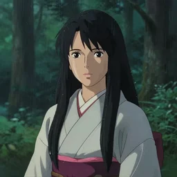 a cinematic portrait bust of woman, komorebi light, forest background, raining, long black hair, kimono, princess mononoke, 4 k, greg rutkowski, high detail, dramatic lighting, afternoon, hayao miyazaki, masashi ando, nizou yamamoto, kazuo oga, joe hisaishi, yoji takeshige, naoya tanaka