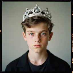 kodak portra 4 0 0, 8 k, highly detailed, britt marling style 3 / 4 photographic close, medium format, press award winning portrait of a handsome boy with a silver crown, up face with 1 9 2 0 s hairstyle, 1 9 2 0, 1 9 2 0 s style, symmetrical, hasselblad x 1 d - 5 0 c, 1 0 0 mm f 1. 8, soft light