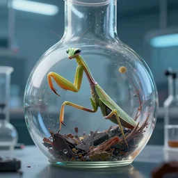 a highly detailed mantis - like creature scaping from the inside!!!! of a flask! in a biotech lab, from love death and robots ( 2 0 1 9 ). coherent portrait, intricate, elegant, suspense environment, digital photo, trending on artstation, hdr photo, smooth, sharp focus