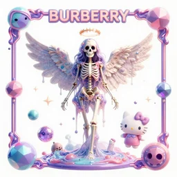burberry angel in disguise, watercolor slimy slime drenched skinny divine holy skellington being of glitter glue, pastel cute slime, 3 d polygon ui of neon ornamental rococo frames, maximalist decora gyaru sanrio pixar concept art