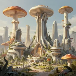 detailed large buildings inspired by mushrooms, concept art, solarpunk, futurism