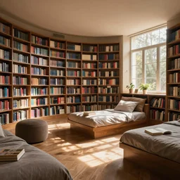a book library with beds to read in in the library room