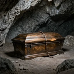 middle of cave, light, bronze coffin, chain, medium gray, cinematic texture, high color contrast
