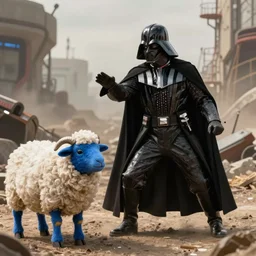 darth vather in a post - apocalyptic world fighting against a blue sheep.