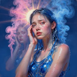 3 d, pink and blue smoke, sun rays, worry fashion model, sweat skin, liquid blue metal, poster art, high detail, intricate oil painting, multiple exposure, deep blue mood, hyperrealism, 3 d, by tooth wu and wlop and beeple and greg rutkowski