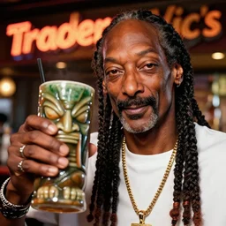 a closeup photorealistic photograph of snoop dogg at trader vic's bar holding a tiki mug with his face on the front. brightly lit scene. this 4 k hd image is trending on artstation, featured on behance, well - rendered, extra crisp, features intricate detail, epic composition and the style of unreal engine.