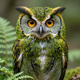 a green moss owl, symmetrical, highly detailed, digital art, sharp focus, amber eyes, ferns, trending on art station
