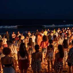 glowing diverse groups of humans glowing sea at night, from behind, wide angle, elaborate, highly detailed, beautiful lighting