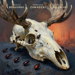 painting of dark red bugs crawling through the cavities of a large moose skull, by zdzislaw beksinski, by dariusz zawadzki, by john jude palencar, gothic, surrealism, cosmic horror, lovecraftian, cold hue's, warm tone gradient background, concept art, beautiful composition