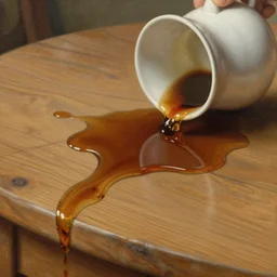 spilled coffee on an oak table, ultra realistic romantic period painting in the reflection of the spilled coffee