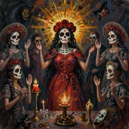 santa muerte being awakened by a mexican death cult through a ritual, by anton semenov and amanda sage and guillermo del torro in a surreal dark horror style, oil on canvas, 8k, hd,