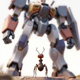 low ant's view. foreshortened perspective. looking up at a gigantic humanoid battle mech. colored parts. octane render. trending. artstation. hard lines. sharpen filter.