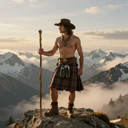 a full - body portrait by greg rutkowski and albert bierstadt of a godlike shirtless desi hiker on a mountain peak. he is wearing a tartan kilt, cowboy hat, and leather boots. he is holding a wooden staff. background is snowy mountains and clouds. homoerotic, highly detailed, golden hour lighting, dramatic, ethereal, dreamlike. trending on artstation